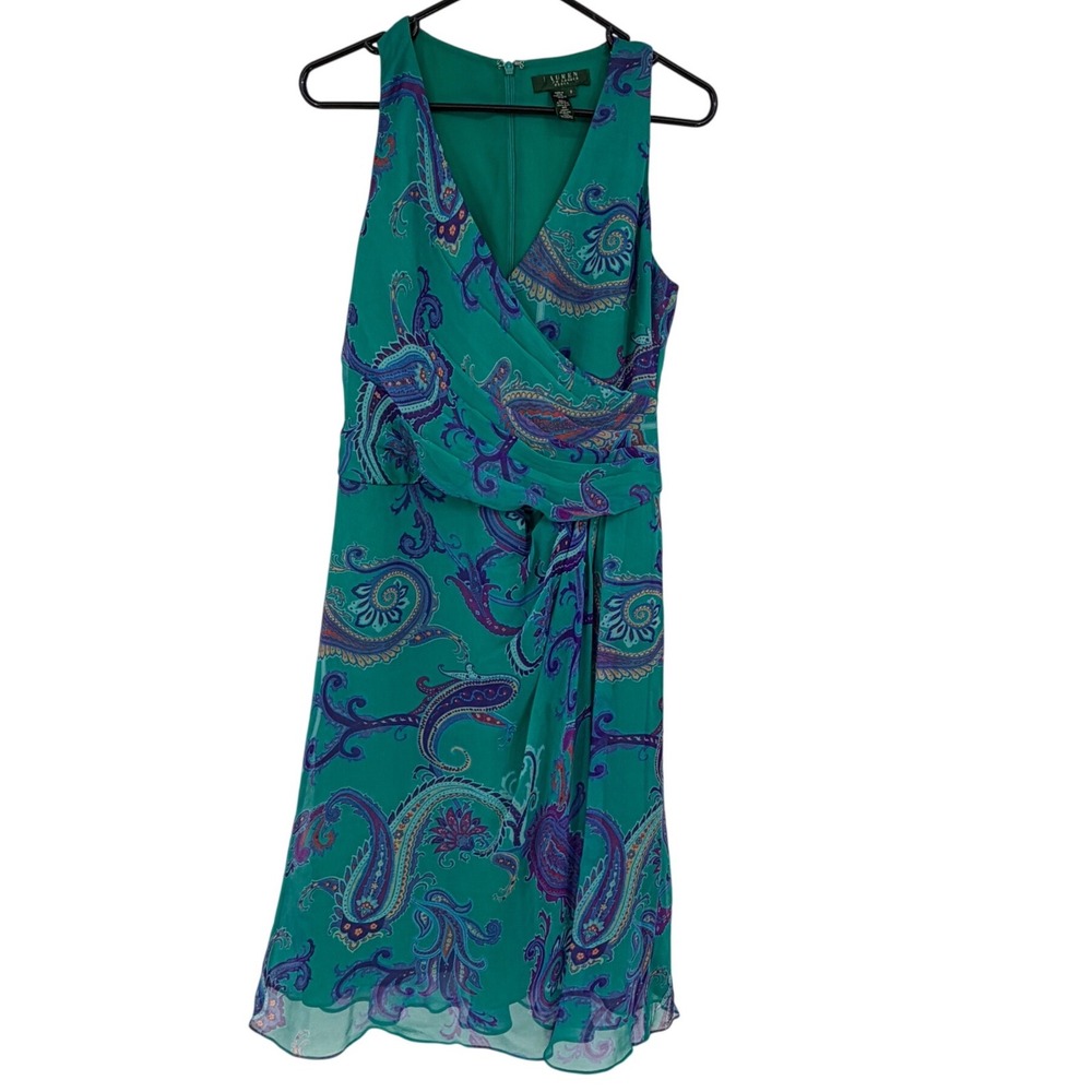 Lauren Ralph Lauren Silk Paisley Faux Wrap Midi Dress Green Purple Size 6